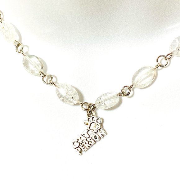 Clear Crackle Quartz Necklace, Cat Person Pendant + Genuine Gemstone - Picture 1 of 9